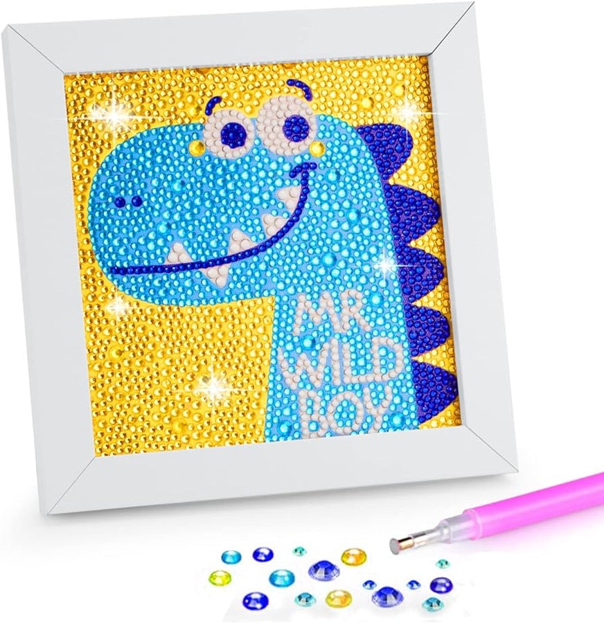 Dinosaurio Azul Pintura con Diamantes para Niños + Marco 18x18