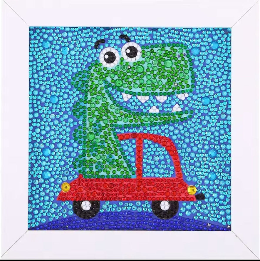 Dinosaurio Verde Pintura con Diamantes para Niños + Marco 18x18