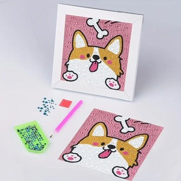 Perrito con Hueso Pintura con Diamantes para Niños + Marco 18x18