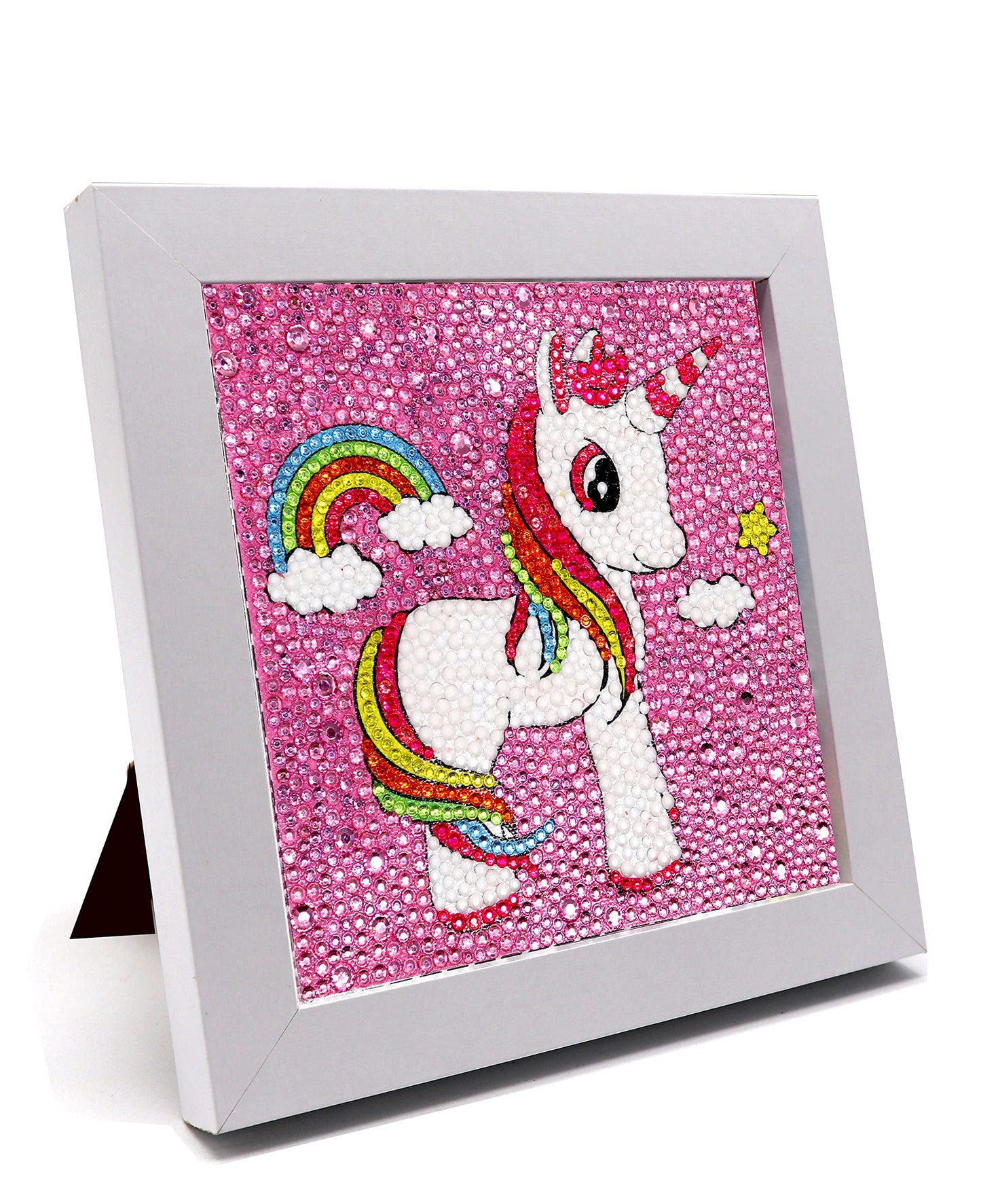 Unicornio Rosado con arcoiris Pintura con Diamantes para Niños + Marco 18x18