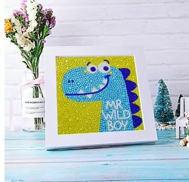 Dinosaurio Azul Pintura con Diamantes para Niños + Marco 18x18