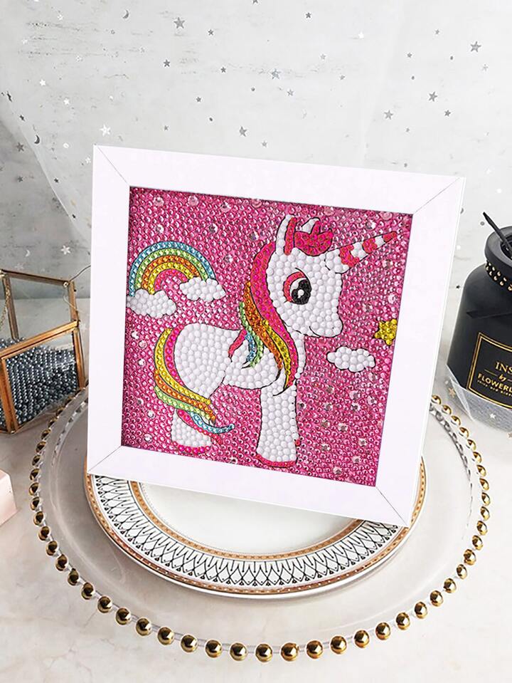 Unicornio Rosado con arcoiris Pintura con Diamantes para Niños + Marco 18x18