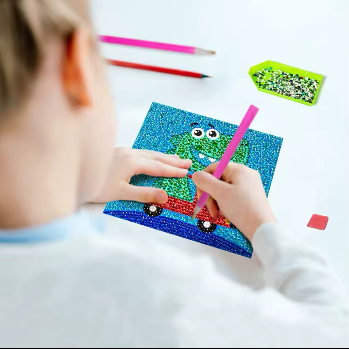 Dinosaurio Verde Pintura con Diamantes para Niños + Marco 18x18