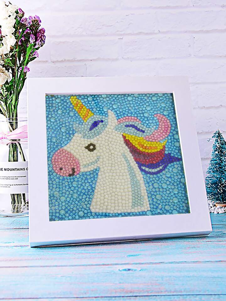 Unicornio Azul con Brillos Pintura con Diamantes para Niños + Marco 18x18