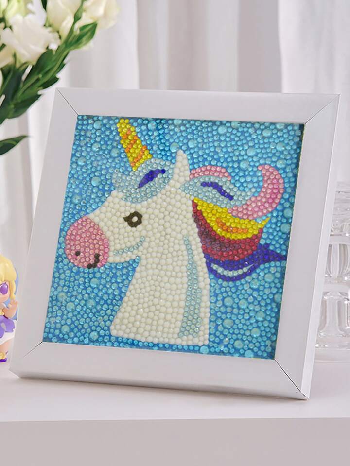 Unicornio Azul con Brillos Pintura con Diamantes para Niños + Marco 18x18