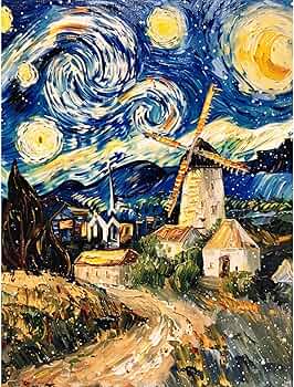Noche estrellada Molino Arte con diamantes 30x40