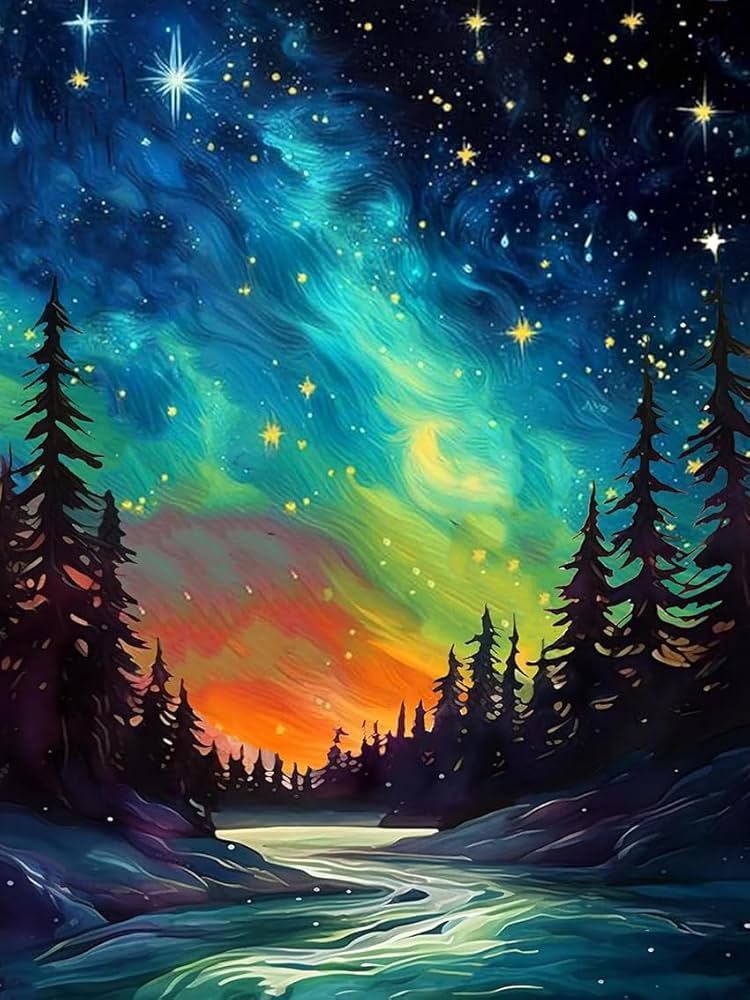 Aurora Boreal Arbol de pino Arte con diamantes 30x40