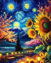Noche estrellada Girasol Arte con diamantes 30x40