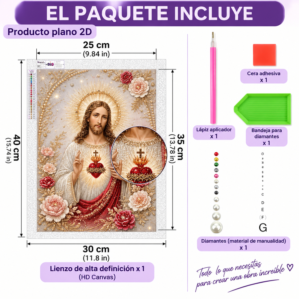 Contenido del kit Sagrado Corazón con Rosas: lienzo, diamantes, lápiz aplicador, cera y bandeja