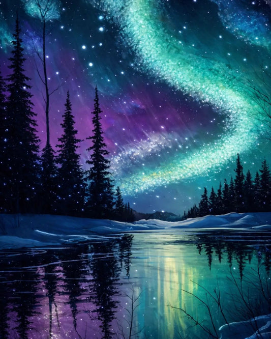 Aurora Boreal en diamond painting, diseño completo del cielo nocturno