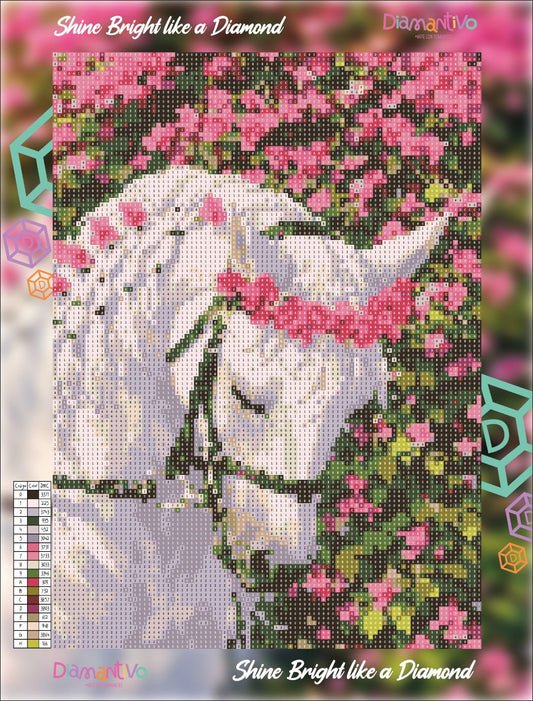 Corcel de Primavera en diamond painting, diseño completo con guirnalda floral en el cuello