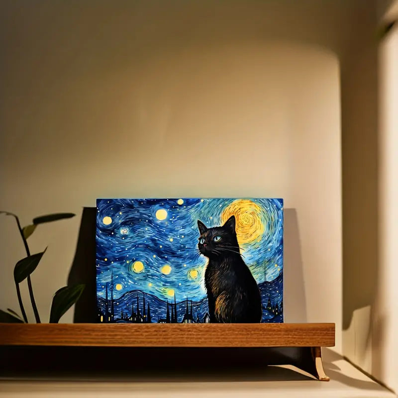 Noche estrellada Gato Arte con diamantes 30x40