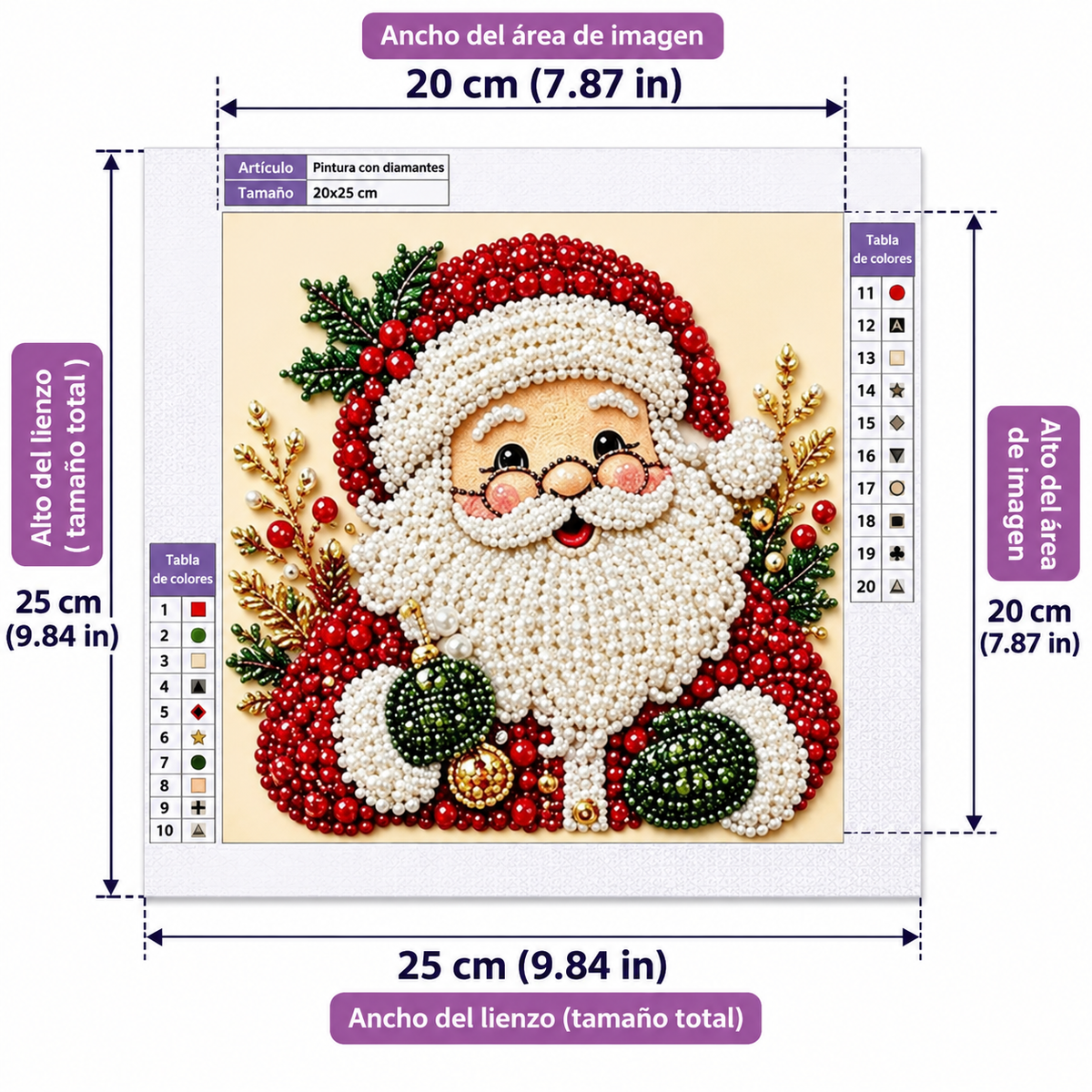 Medidas del cuadro Papá Noel con Gafas, 25x25 cm