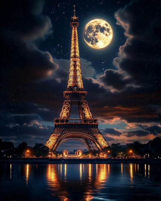 Paris Luna en diamond painting, diseño completo de la Torre Eiffel de noche