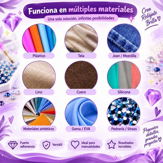 Adhesivo B-7000 junto a diamantes de resina morados, mostrando su uso en manualidades