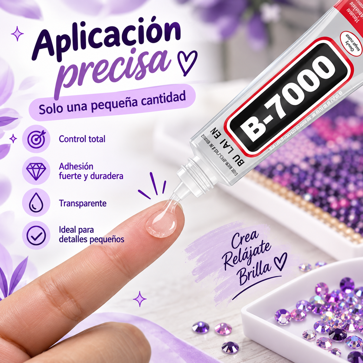 Tubo de adhesivo B-7000 mostrando el frente y reverso con especificaciones técnicas