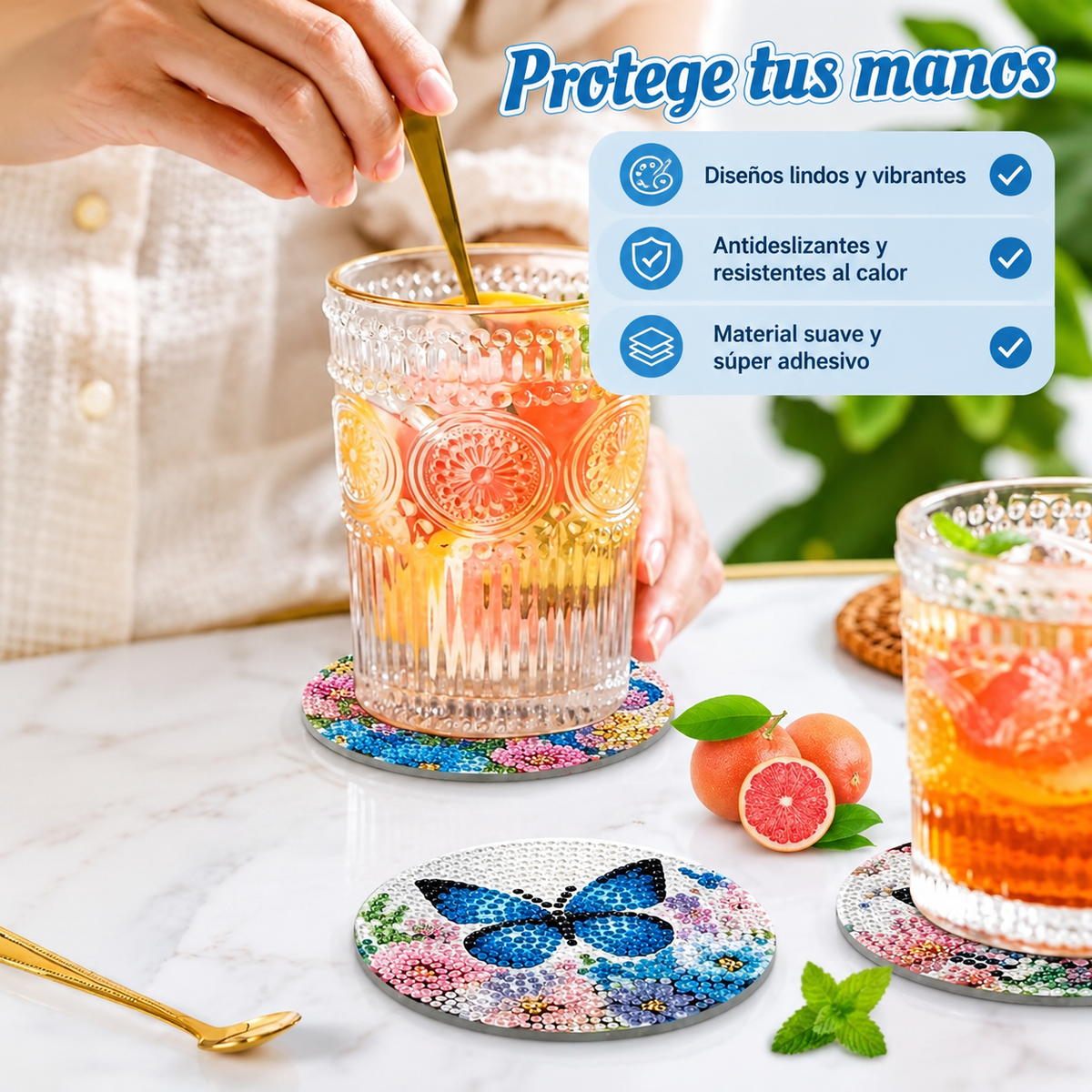 Los 8 diseños de portavasos de mariposas y flores incluidos en el set