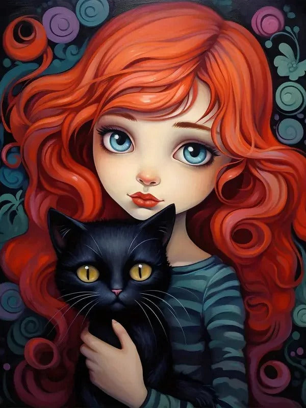 Premium Mujer con Gato Arte con diamantes cuadrados 30x40
