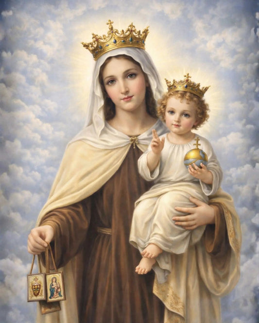 Virgen del Carmen en diamond painting, diseño completo con el Niño Jesús