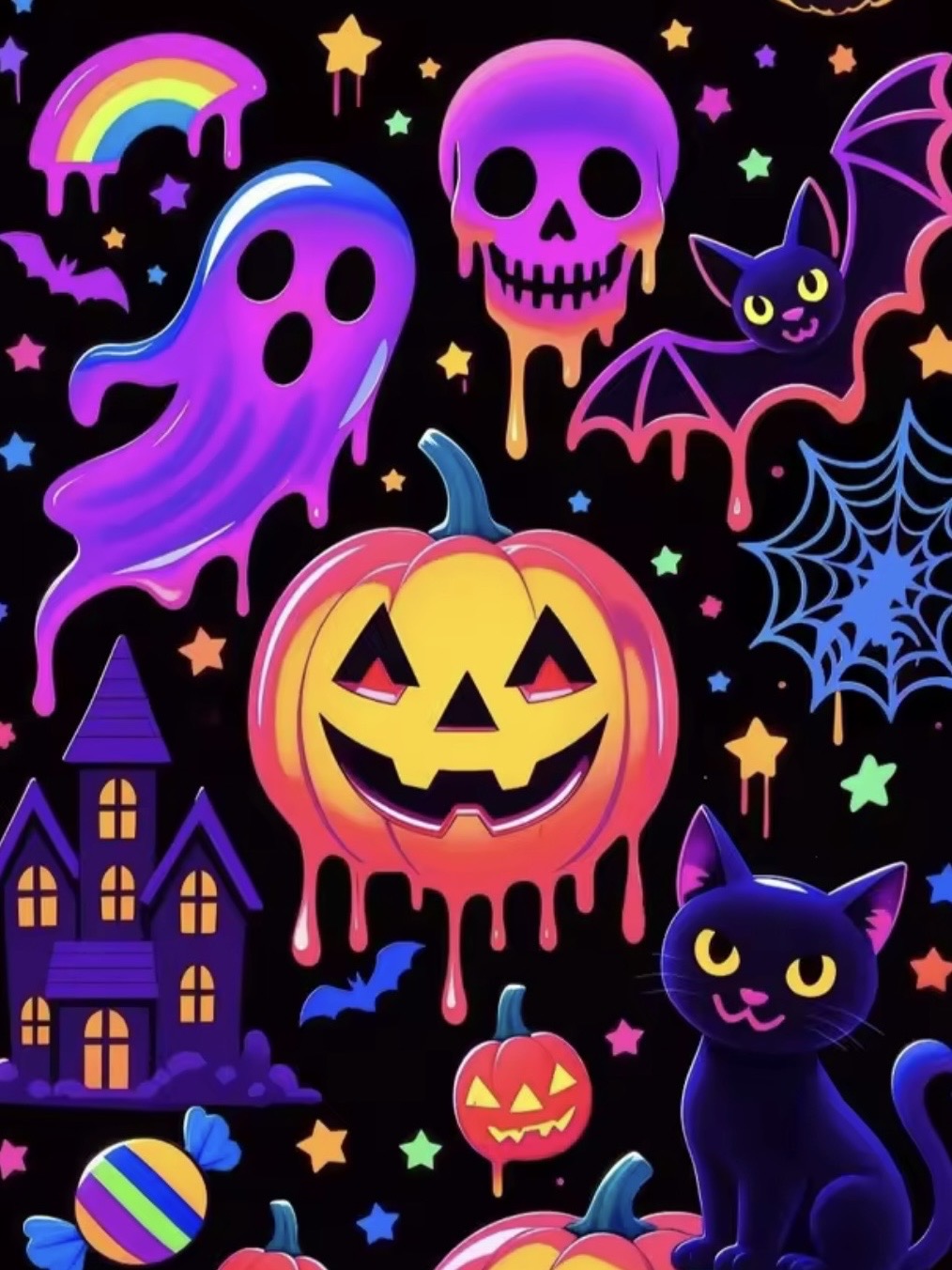 Kit de diamond painting Halloween Neon 25x35 - mosaico de fantasma calavera murcielago gato negro telarana y calabaza en glow neon