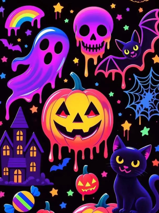 Kit de diamond painting Halloween Neon 25x35 - mosaico de fantasma calavera murcielago gato negro telarana y calabaza en glow neon