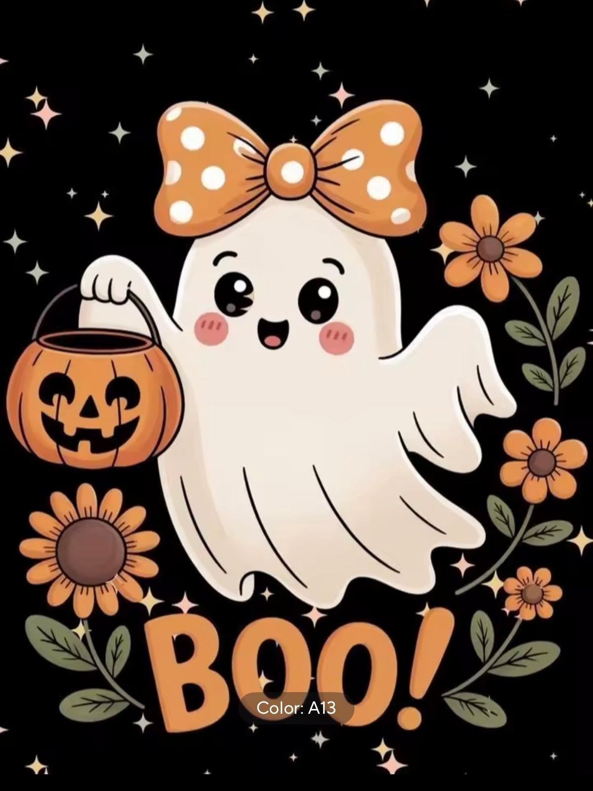 Kit de diamond painting Boo Florido 25x35 - fantasma con lazo de puntos y canasta de calabaza rodeado de flores