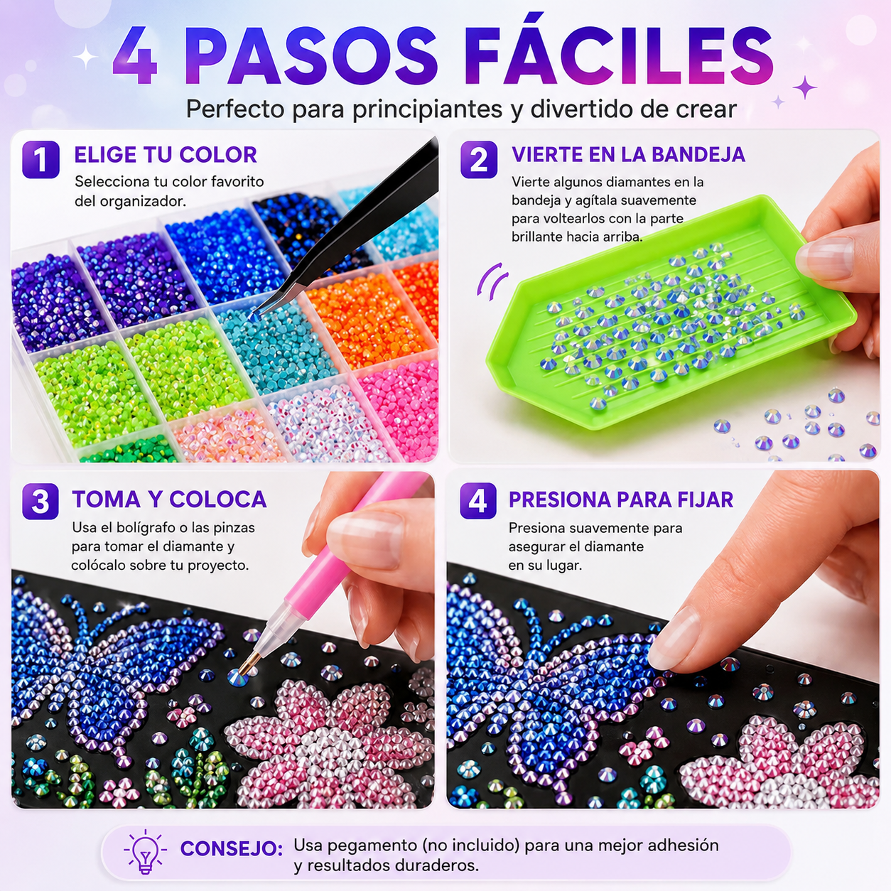 Pasos para usar el kit bedazzling: elegir color, verter en bandeja, tomar y colocar, presionar para fijar