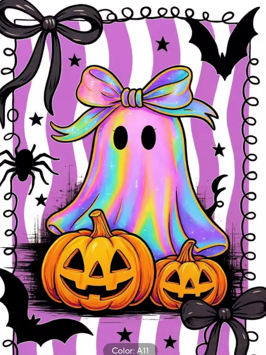 Kit de diamond painting Fantasma con Lazo 25x35 - fantasma iridiscente con lazo grande sentado sobre dos calabazas