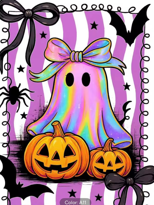 Kit de diamond painting Fantasma con Lazo 25x35 - fantasma iridiscente con lazo grande sentado sobre dos calabazas