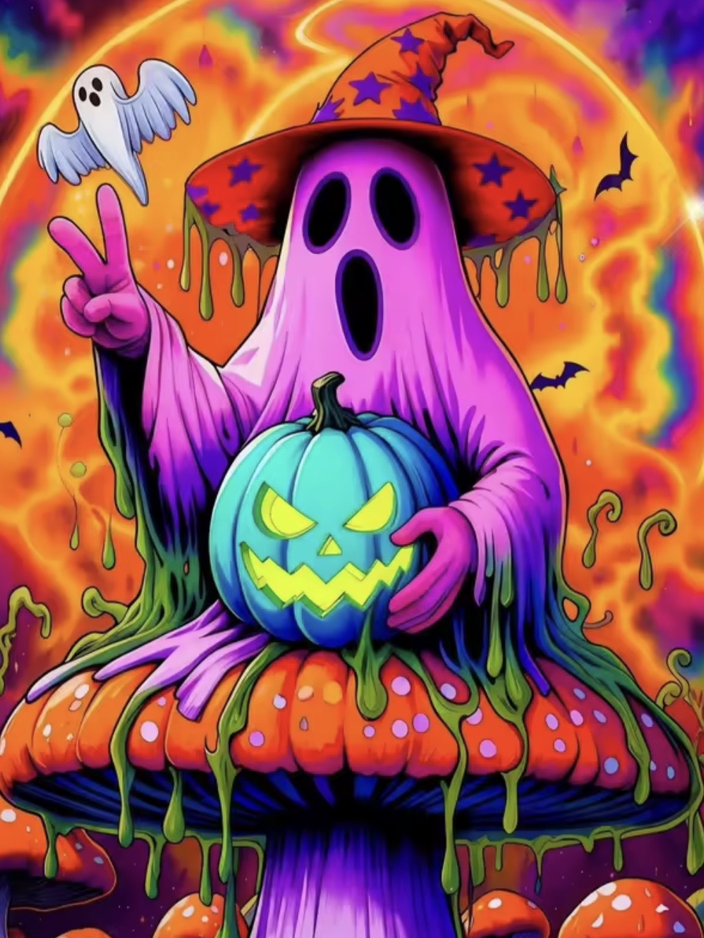 Kit de diamond painting Fantasma de la Paz 25x35 - fantasma morado con sombrero de estrellas haciendo señal de paz sobre hongo psicodélico