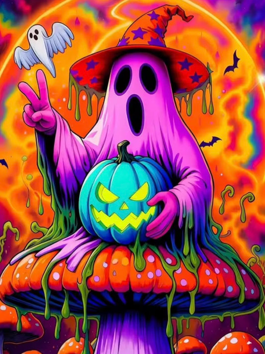 Kit de diamond painting Fantasma de la Paz 25x35 - fantasma morado con sombrero de estrellas haciendo señal de paz sobre hongo psicodélico