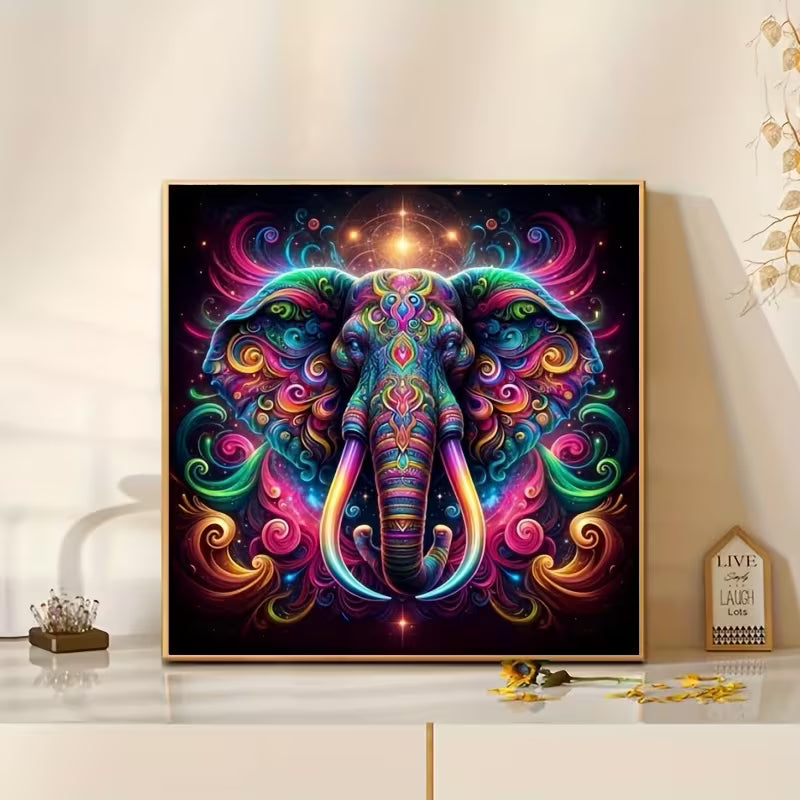 Elefante Majestuoso en diamond painting, enmarcado sobre un mueble como referencia de exhibición