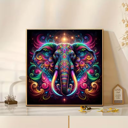 Elefante Majestuoso en diamond painting, enmarcado sobre un mueble como referencia de exhibición