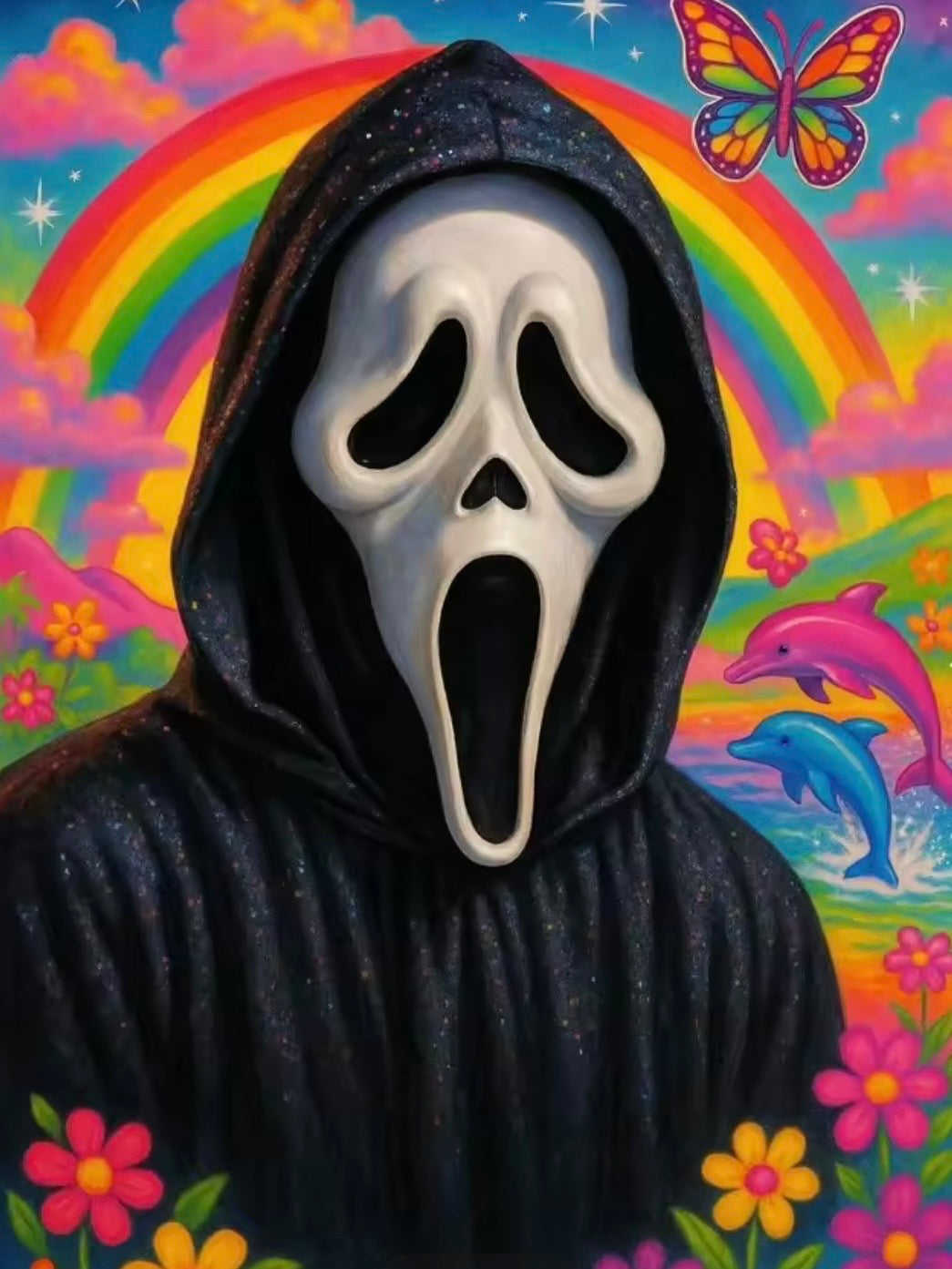Kit de diamond painting Calavera Encapuchada 25x35 - figura encapuchada con rostro de calavera redondeado sobre fondo tropical con arcoiris