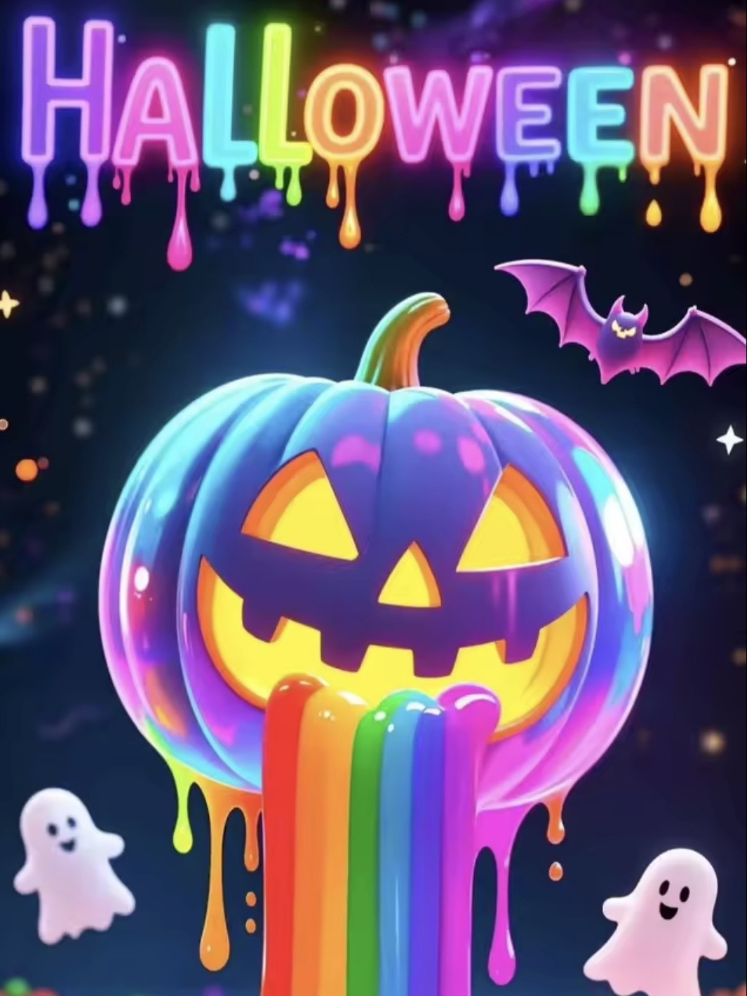 Kit de diamond painting Calabaza Arcoiris 25x35 - calabaza holografica chorreando colores con letrero Halloween de neon