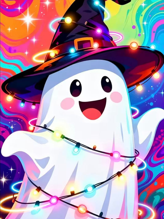 Kit de diamond painting Fantasma de Luces 25x35 - fantasma con sombrero morado y luces de colores sobre fondo psicodélico
