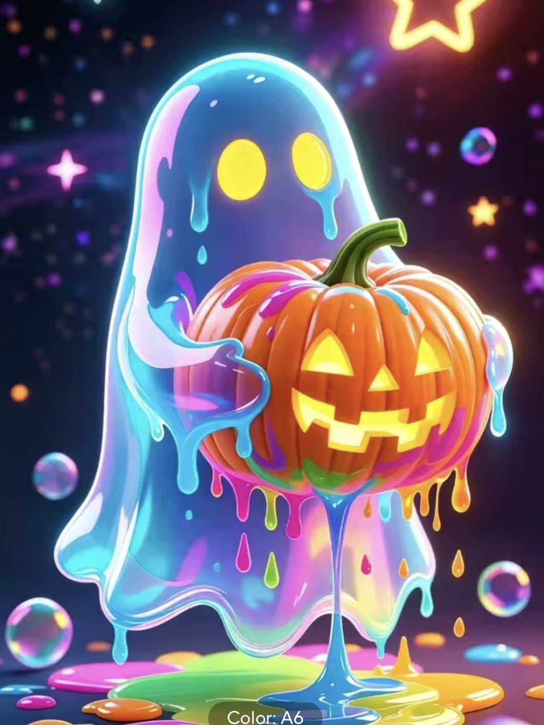 Kit de diamond painting Fantasma Cósmico 25x35 - fantasma translucido con calabaza sobre fondo espacial con burbujas y estrellas