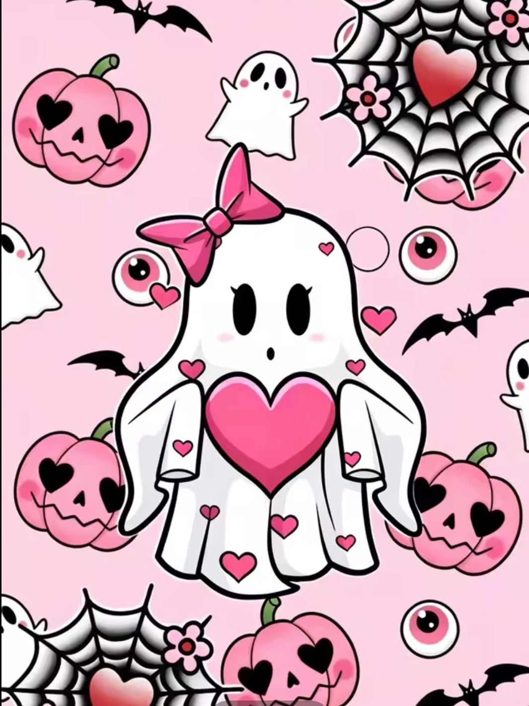 Kit de diamond painting Fantasma Enamorado 25x35 - fantasma con lazo rosa y corazón, rodeado de calabazas con ojos de corazón