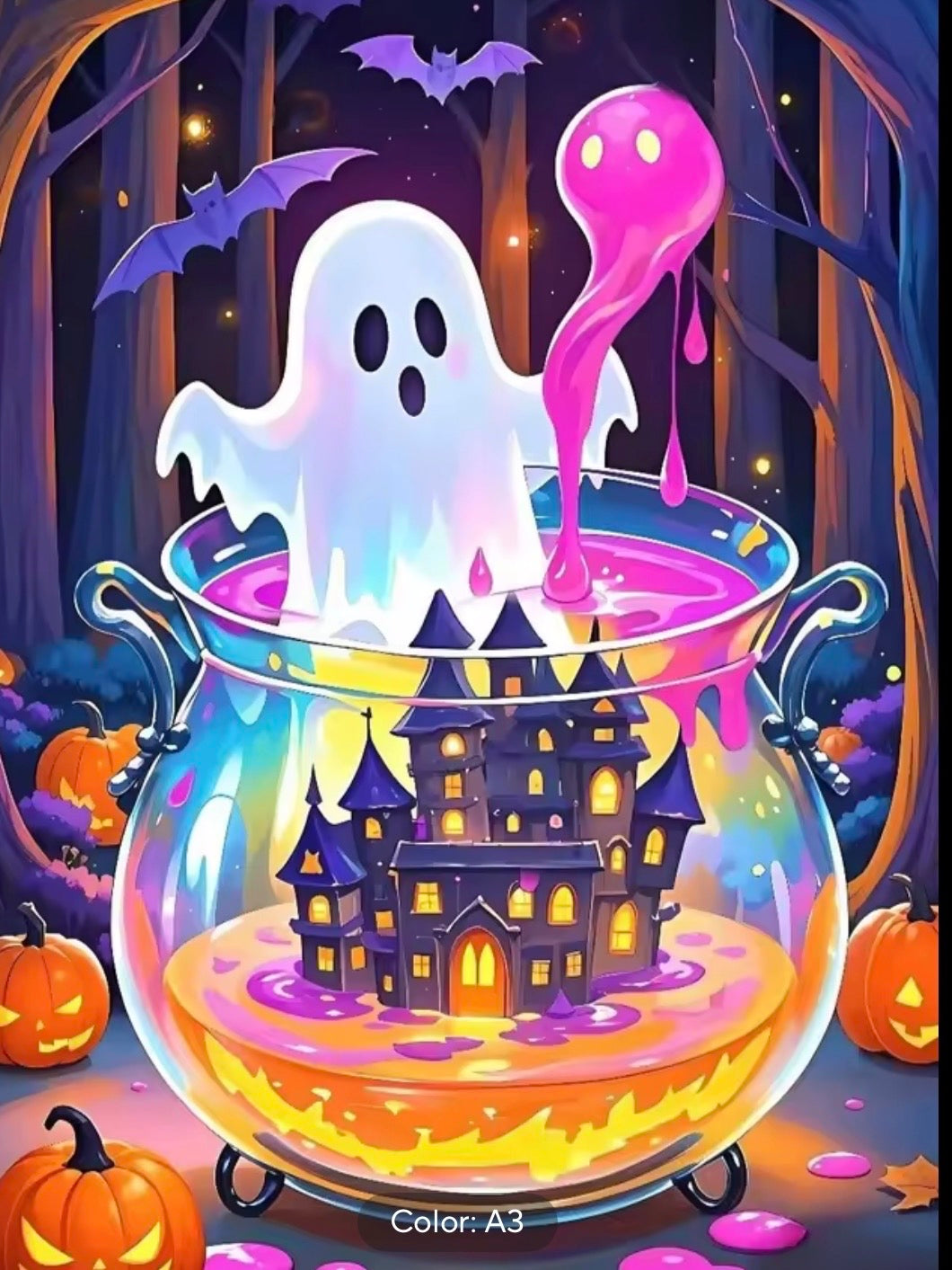 Kit de diamond painting Caldero Embrujado 25x35 - fantasma sobre caldero de vidrio con mansion embrujada dentro