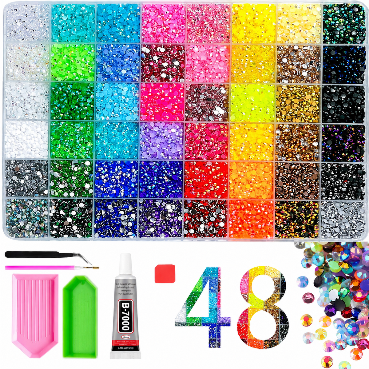 Kit de diamantes de resina bedazzling, 48 colores, con herramientas incluidas