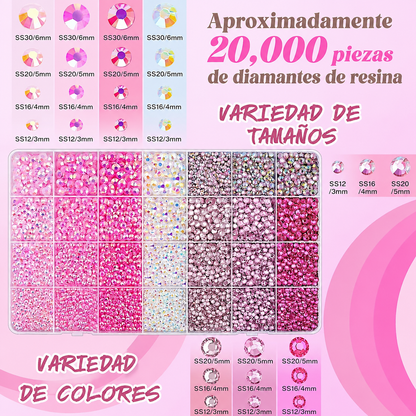Detalle del kit de diamantes de resina bedazzling en tonos rosa, con pegamento, lápiz aplicador y pinzas