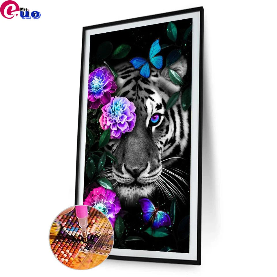 Tigre Flores Arte con diamantes 30x40