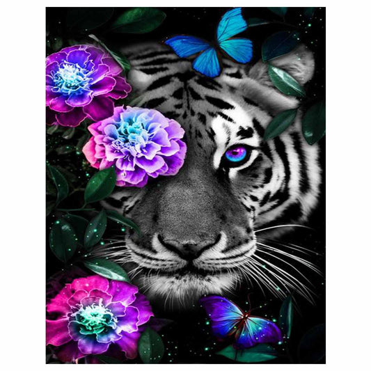 Tigre Flores Arte con diamantes 30x40