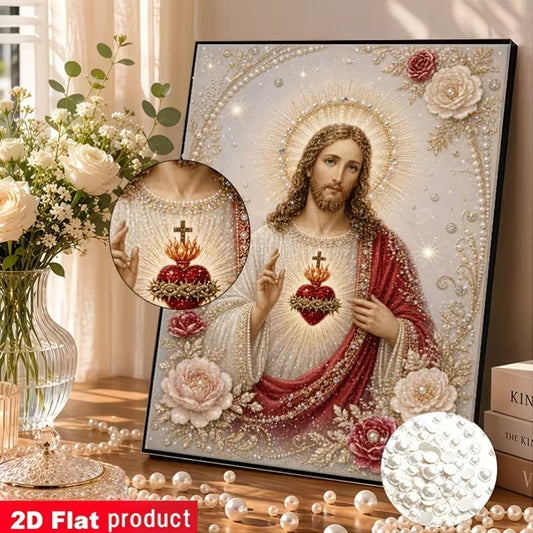 Kit de diamond painting Sagrado Corazón con Rosas 30x40 - Jesús con el Sagrado Corazón resplandeciente rodeado de rosas
