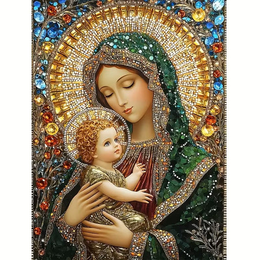 Virgen Brillante, cuadro de diamantes con ícono de la Virgen María y el Niño Jesús, bordes de gemas de colores y halos dorados