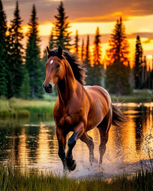 Alma Salvaje en diamond painting, diseño completo de caballo junto al lago