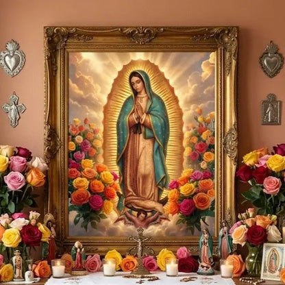 Virgen Guadalupe Flores Premium Arte con diamantes 50 x 40