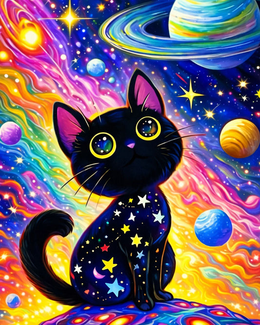 Gato Cósmico en diamond painting, diseño completo con galaxia y constelaciones
