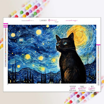 Noche estrellada Gato Arte con diamantes 30x40