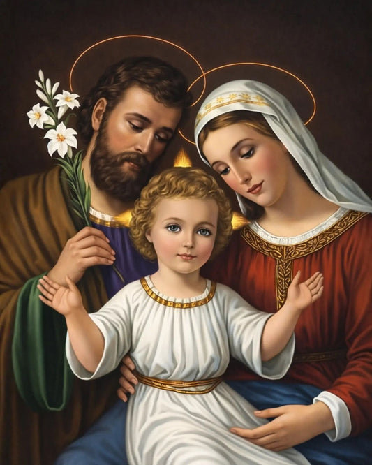 Sagrada Familia en diamond painting, diseño completo con San José, María y el Niño Jesús